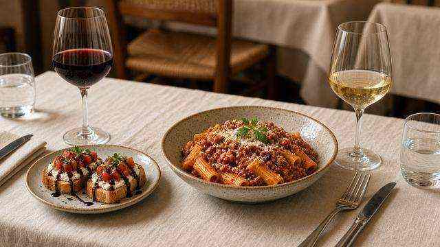 Italian table setting with wine glasses and regional pasta