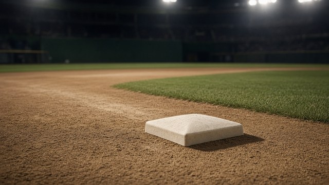 Photorealistic night photo of a ballplayer sliding into third base as a fielder reaches for a throw under stadium lights