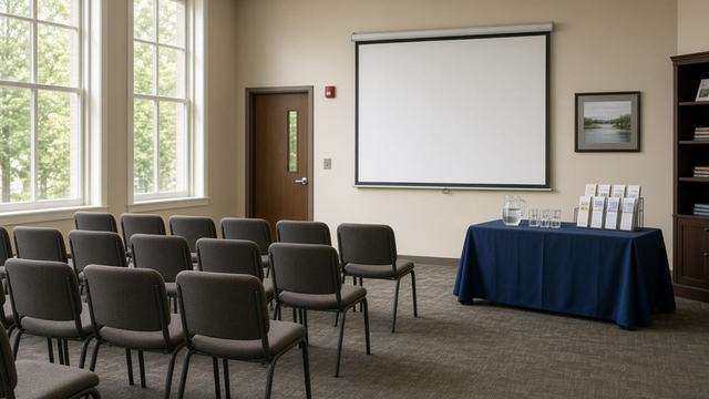 Empty Easton library meeting room with chairs facing a blank screen