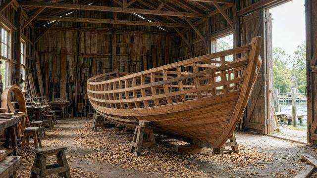 Wooden hull under construction in the CBMM shipyard