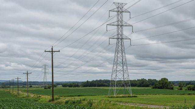 High-voltage lines crossing Talbot farmland outside Easton