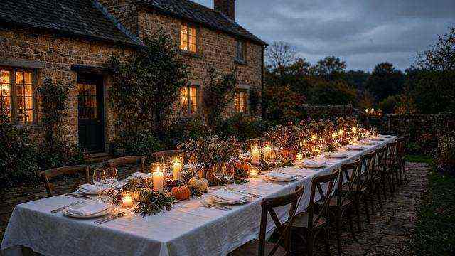 Long communal table set for an evening meal