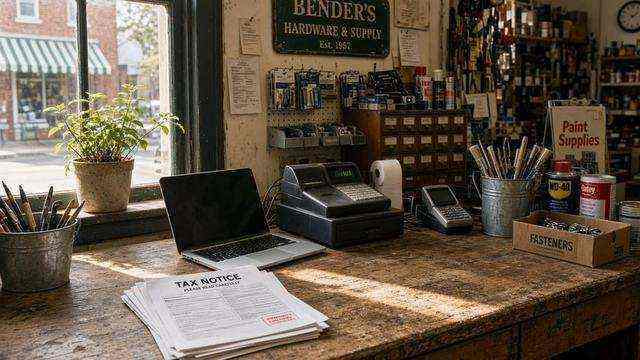 Shop-counter laptop and a paper notice