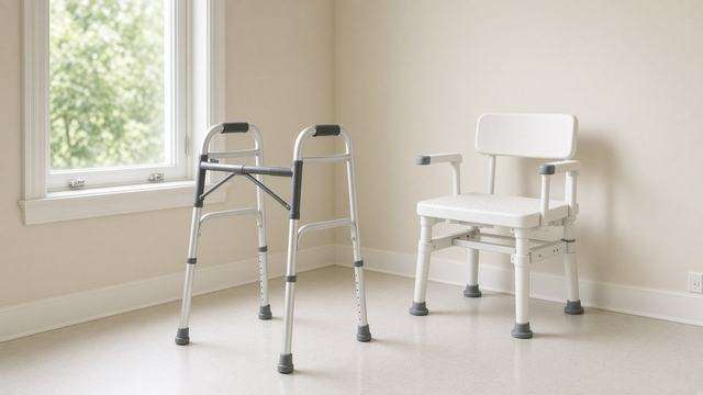 Sanitized walker and shower chair ready for pickup at a DME distribution site