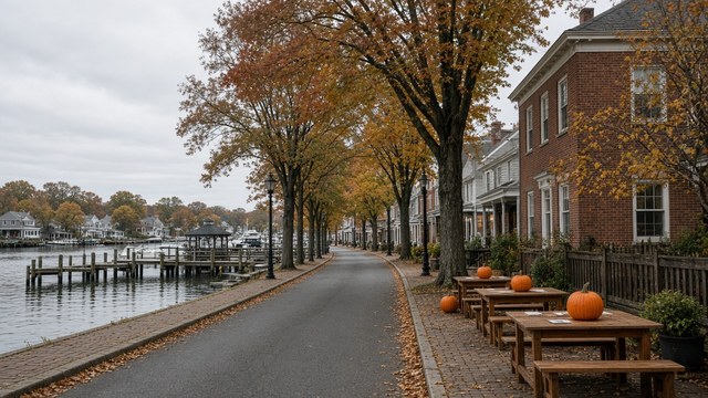 Pumpkins and outdoor tasting tables along a small waterfront main street