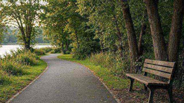 Paved walking path through a Talbot park with a bench