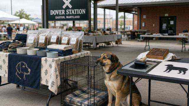Adoptable-pet market tables and a block-printing station at Dover Station in Easton