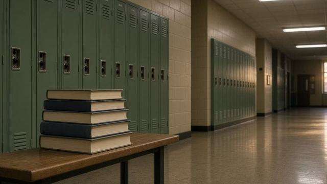 School hallway lockers and a stack of math books