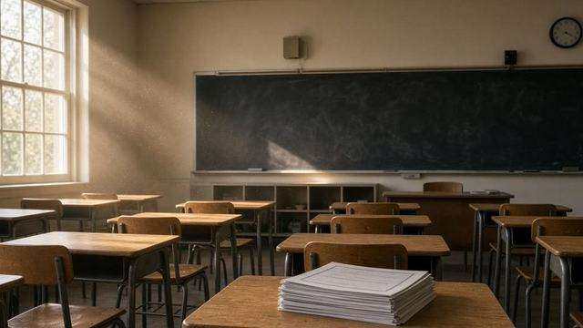 Empty classroom desks and test booklets in late-afternoon light