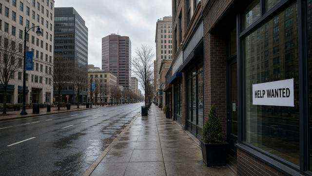 Empty Maryland downtown street of storefronts and office buildings at morning