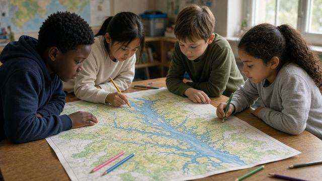 Elementary students studying a watershed map of the Chesapeake Bay