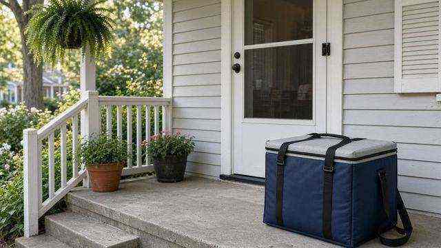 Insulated meal carrier on an Easton bungalow porch