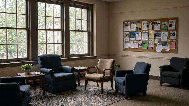 Brookletts Place senior center lounge with empty chairs and windows