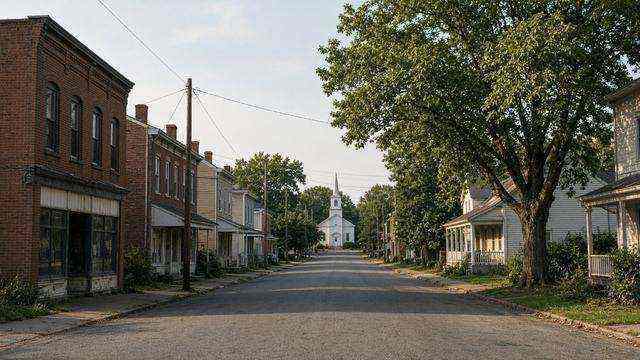 Empty Main Street in Trappe, Maryland, looking toward the church