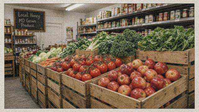 Fresh produce display inside a small Maryland grocery aisle