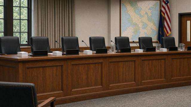 Empty school-board dais and nameplates in a meeting room