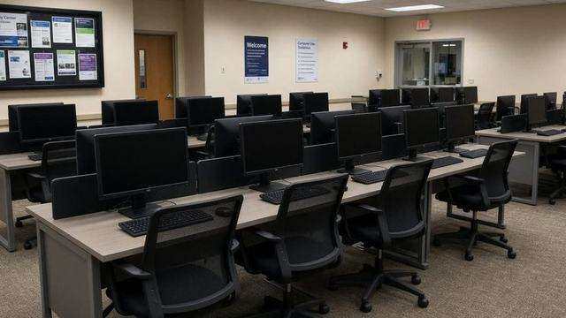 Community-center computer lab with empty chairs