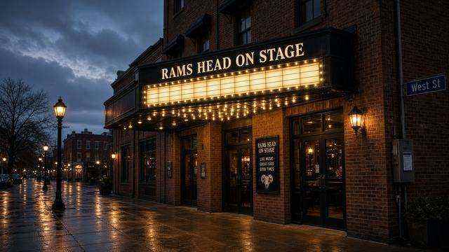 Rams Head On Stage marquee on West Street in Annapolis at dusk, empty sidewalk