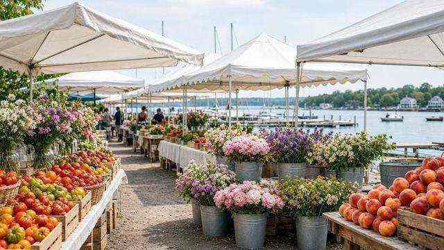 St. Michaels market stalls with tomatoes and flowers