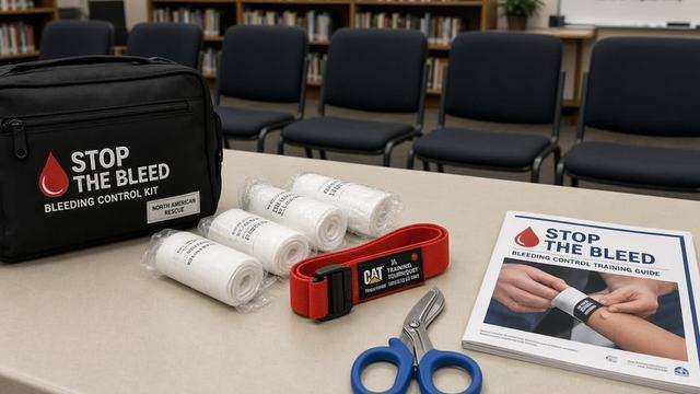 Stop the Bleed training kit on a table in a library meeting room