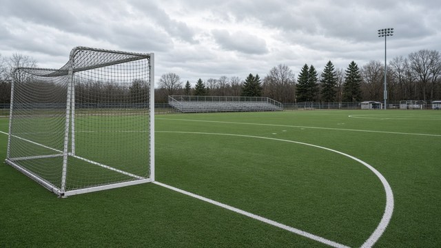Photorealistic photo of college field hockey players in maroon and gold driving toward the cage on a turf field on an overcast afternoon