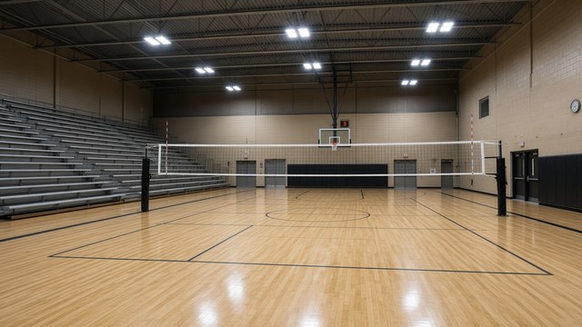 Photorealistic evening view of a high school gym with a volleyball net set up and players warming up, shot from the bleachers