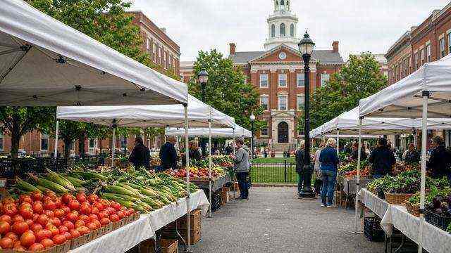Easton farmers market tents and produce tables on a Saturday morning