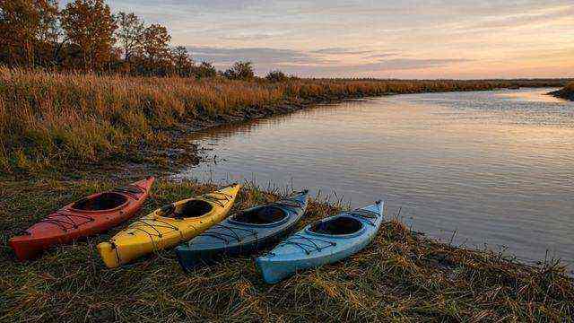 Empty kayaks on a Mid-Shore shoreline at dusk