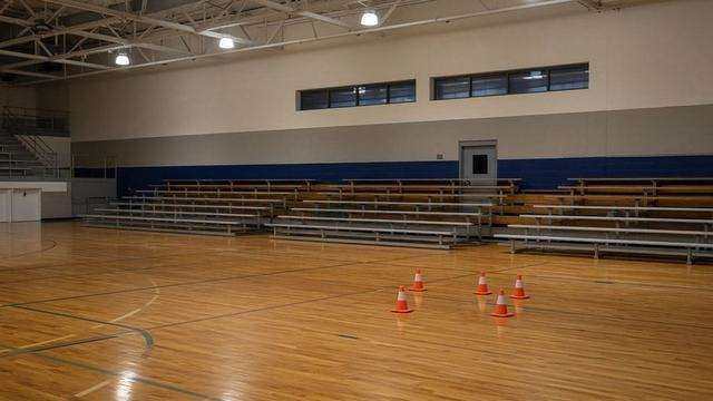 Empty high-school gymnasium with heart-rate station cones before first period